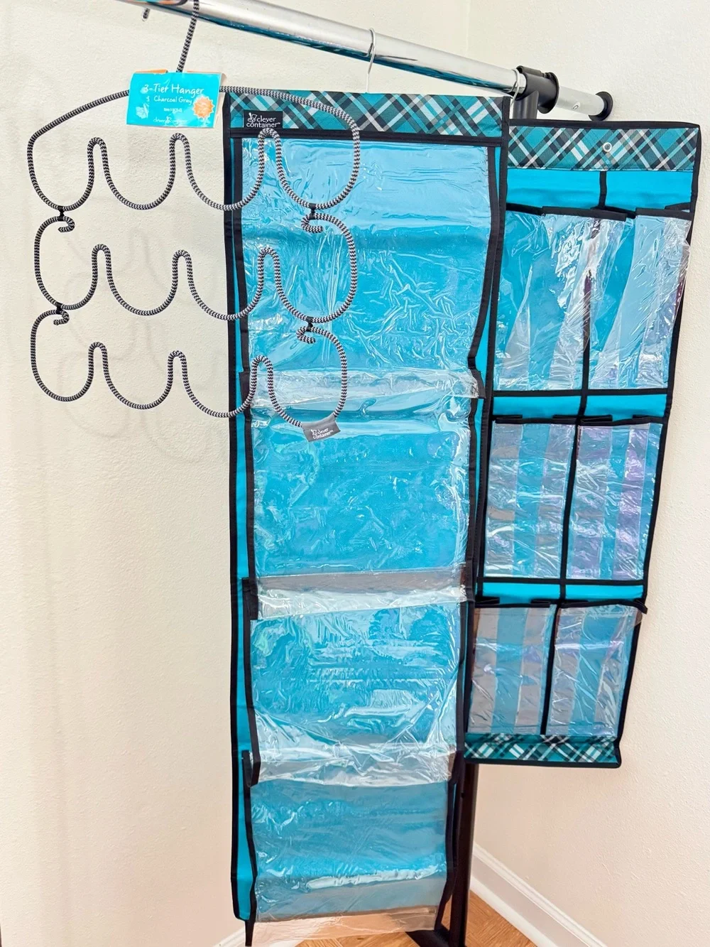 3 Pcs Teal Blue Clear Hanging 8-21 Shoes Bag Towel Scarfs Ties Closet Organizers
